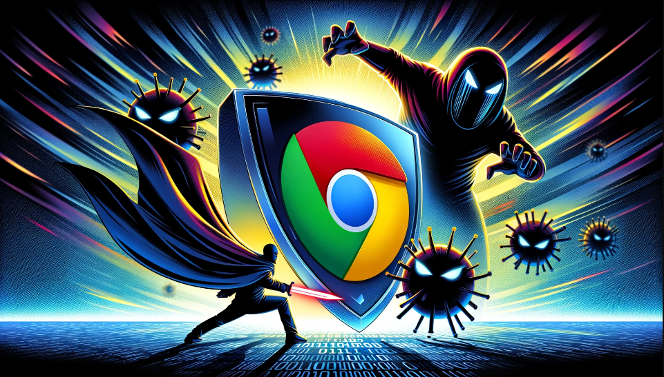 Illustration of Chrome logo as a superhero shield deflecting virus and phishing icons, symbolizing enhanced Safe Browsing.