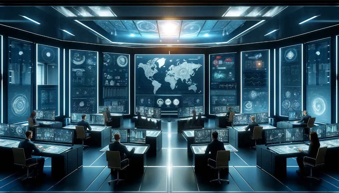 High-tech cybersecurity control room with diverse analysts monitoring multiple screens showing data, maps, and threat levels.