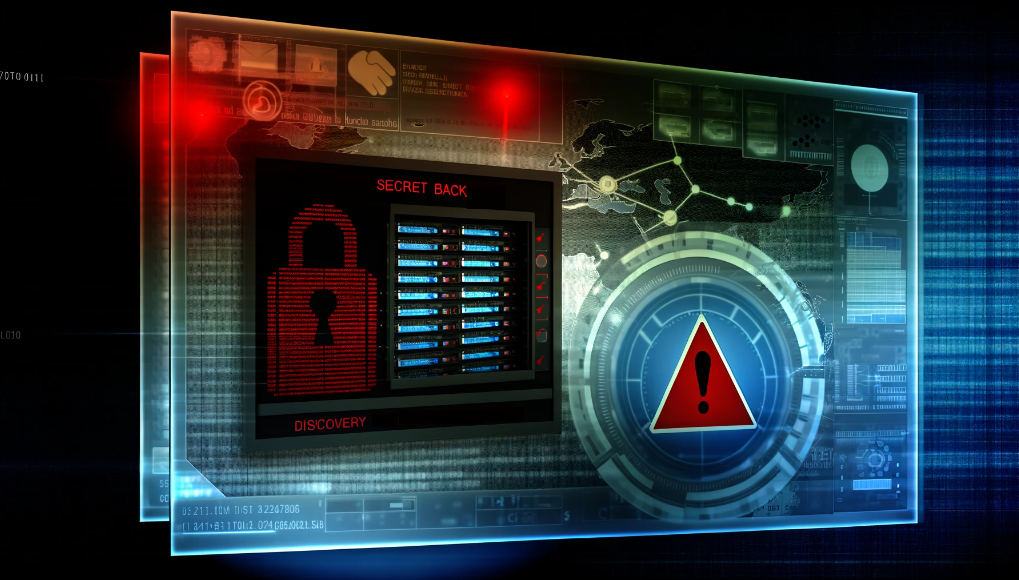 Illustration of a cybersecurity alert on a digital screen showing a hidden backdoor in server software