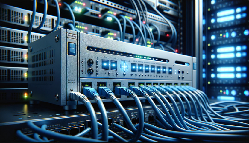 Realistic depiction of a modern, generic firewall appliance, compactly mounted in a data center rack, with multiple network cables and illuminated blue LED indicators, emphasizing its role in network security.