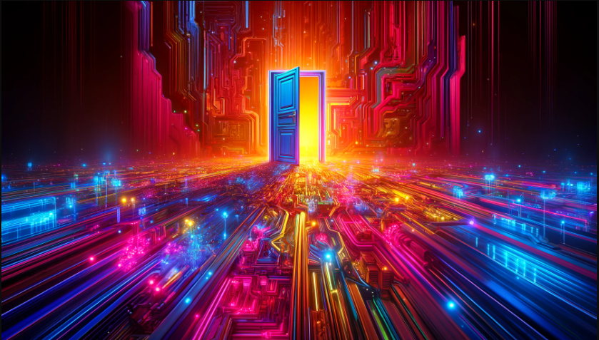 Brightly colored digital landscape showing a hidden cyber backdoor integrated within neon-lit computer circuits and data streams