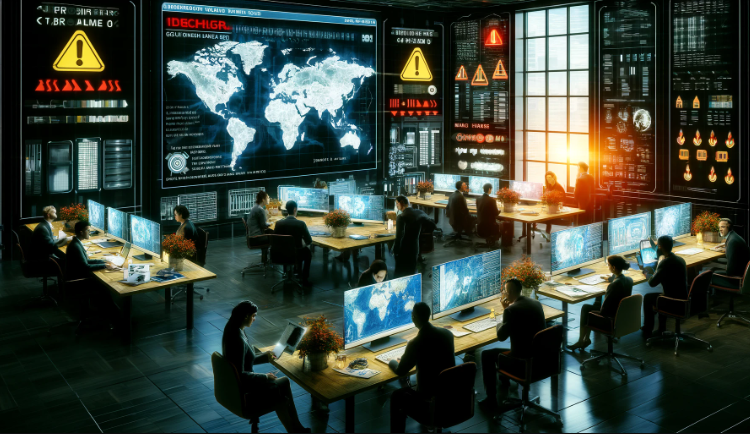 Cybersecurity team urgently analyzing data on multiple screens following a breach in MITRE's NERVE network, with a world map highlighting the origin of the attack.