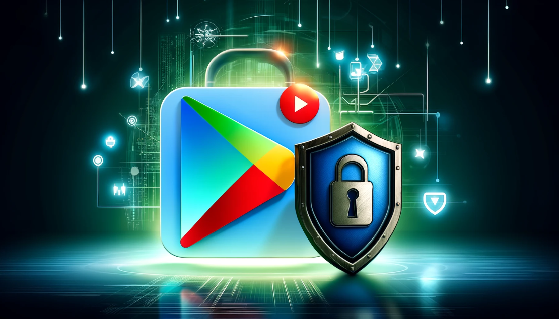 Digital security illustration showing a large shield over a stylized Google Play Store with interconnected nodes and data streams in Google's brand colors.