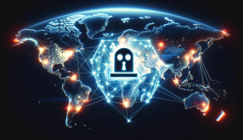 Digital world map with glowing network connections and a ransomware warning symbol, highlighting the global spread of Black Basta ransomware.