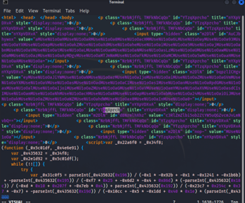 JavaScript code creating a Blob URI for an in-memory phishing attack with fake login page.