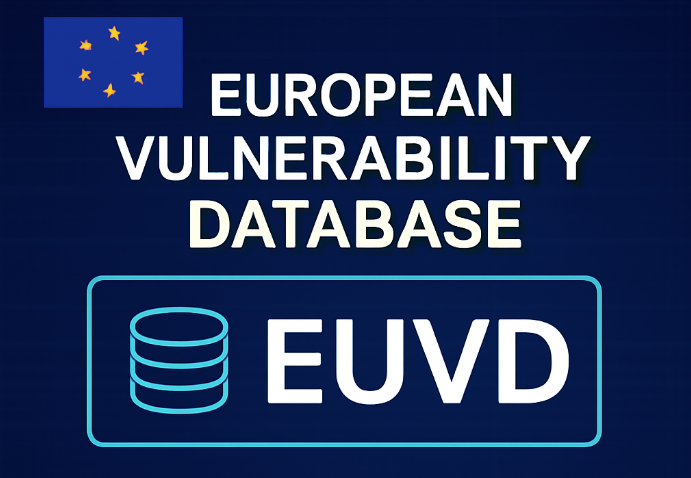 Graphic highlighting the European Vulnerability Database (EUVD) with EU flag and database icon on a dark blue digital background