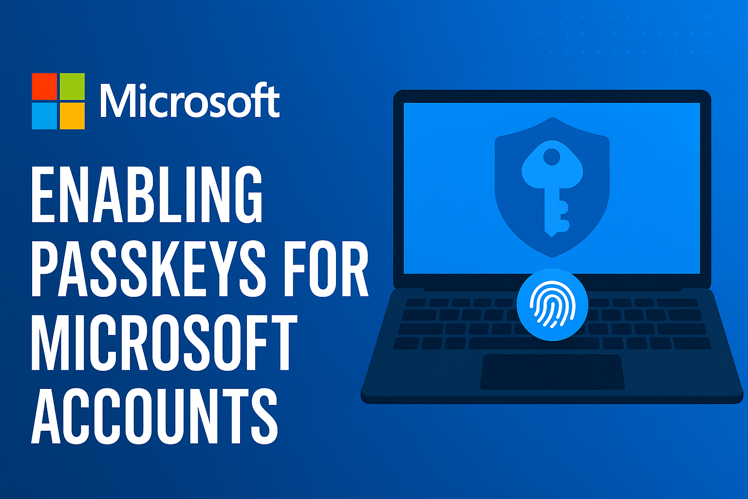 Illustration of a laptop with a shield and key icon representing Microsoft's new passkey login system, emphasizing passwordless and biometric authentication.