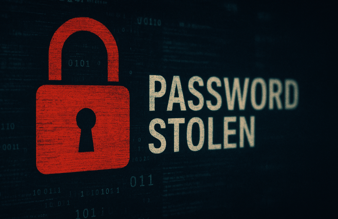 Red padlock icon and the phrase "PASSWORD STOLEN" on a digital background with binary code, symbolizing a major password data breach and cybersecurity threat.