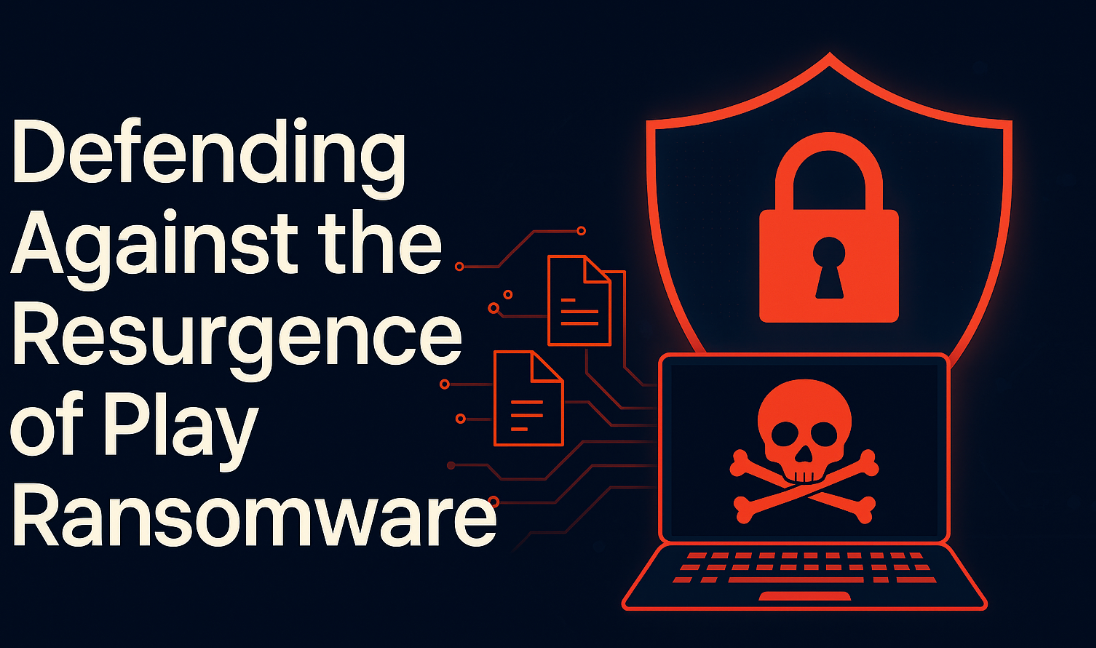 Illustration showing a cybersecurity shield, skull on a laptop, and digital files representing Play ransomware threats and defense strategies in 2025.