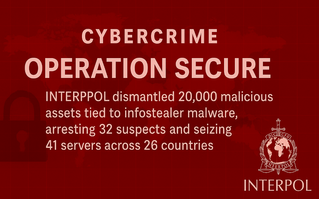 Digital graphic showing INTERPOL’s Operation SECURE achievements: 20,000 malicious assets dismantled, 32 arrests, and 41 server seizures across 26 countries.