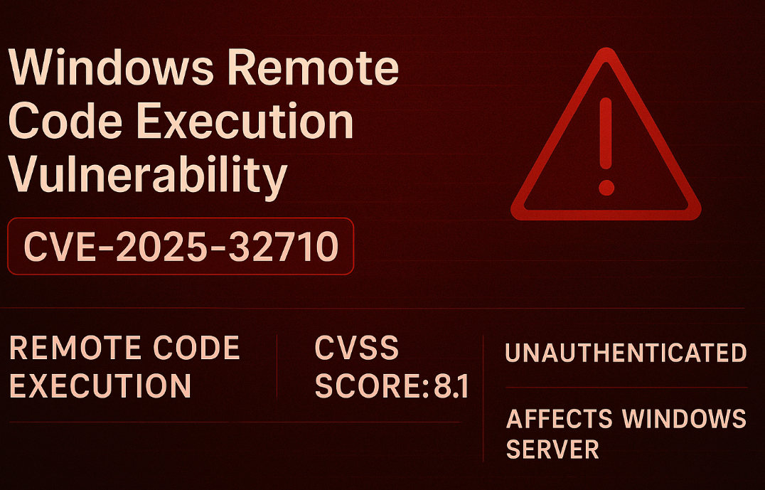 Graphic showing Windows Remote Code Execution vulnerability CVE-2025-32710 with a CVSS score of 8.1, warning icon, and key threat indicators on dark red background.