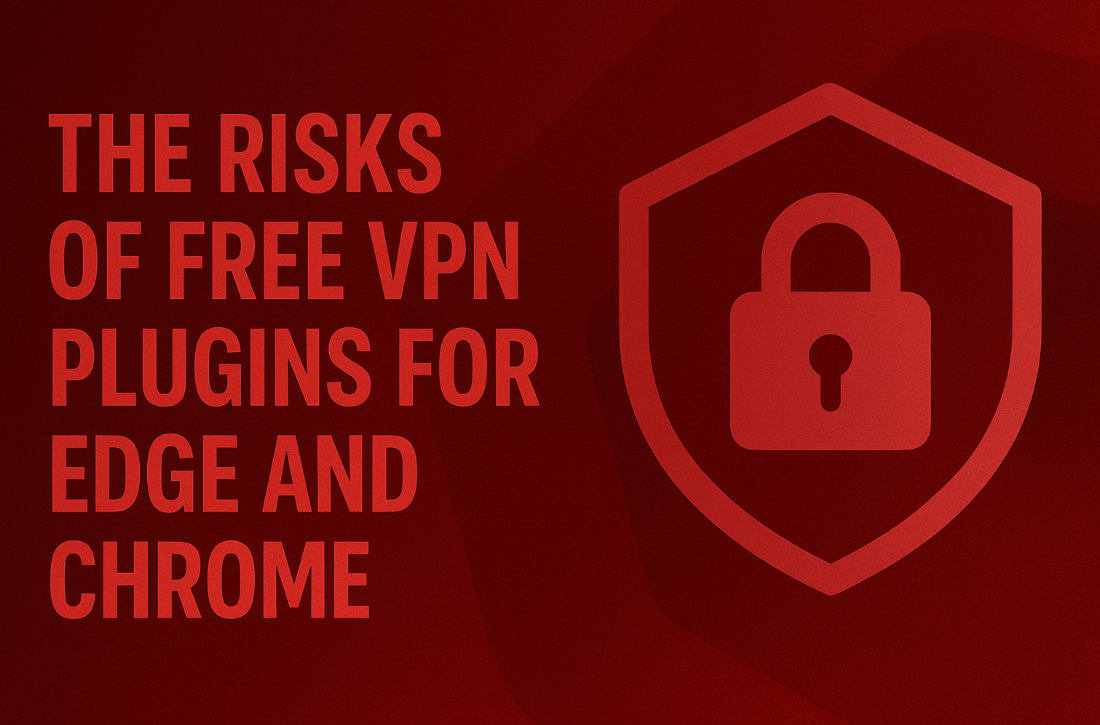 Red warning image with a shield and padlock symbol, highlighting the risks of free VPN browser plugins for Edge and Chrome.