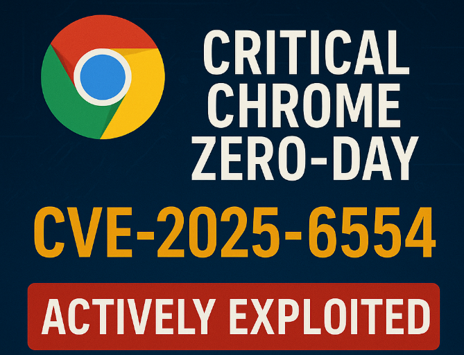Visual alert showing Google Chrome zero-day vulnerability CVE-2025-6554 with warning messages about active exploitation, V8 engine flaw, and CISA patch deadline.