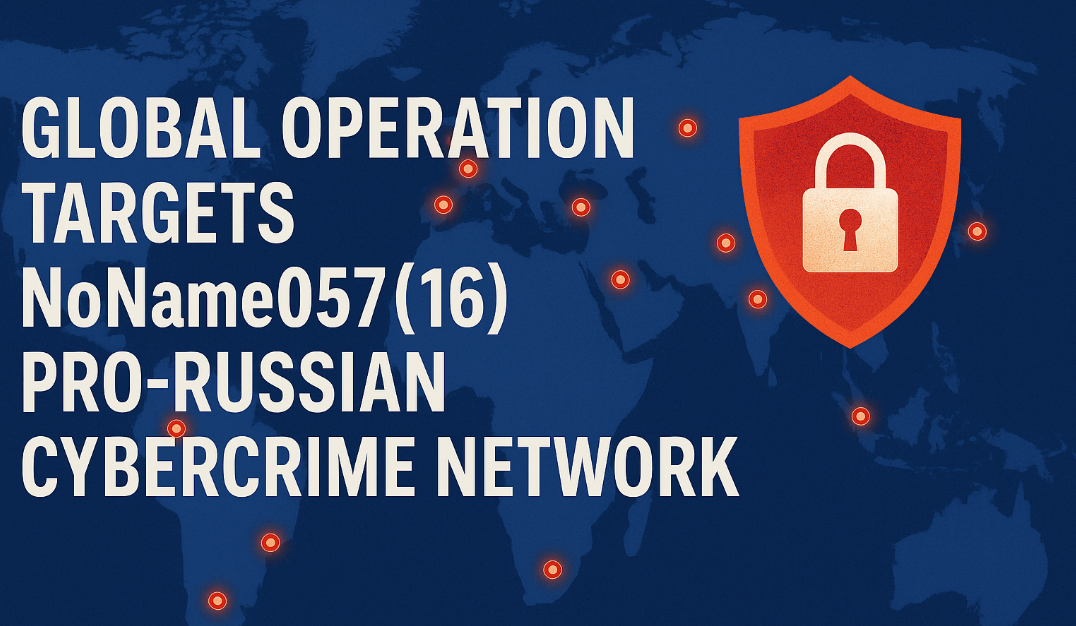 World map showing international cyber operation locations, red shield with padlock symbolizing cybersecurity enforcement.