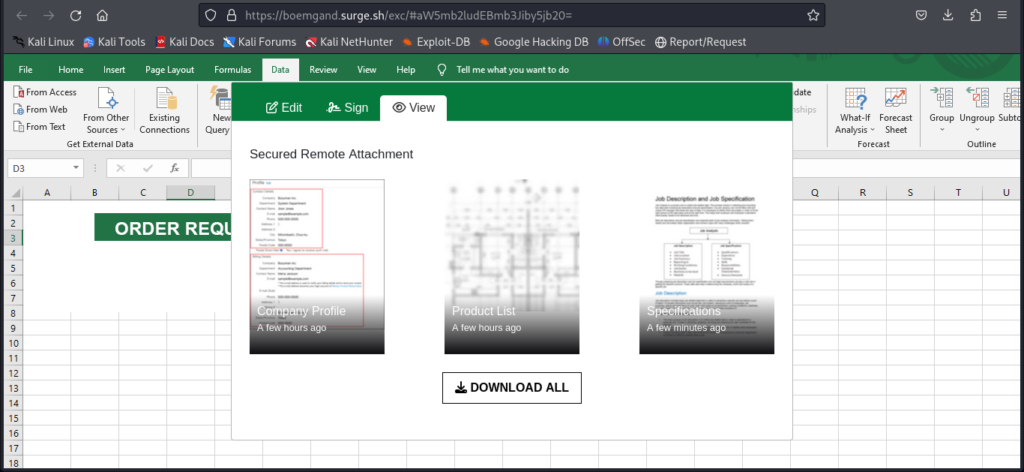 Phishing page mimicking Microsoft Excel interface with a fake "Download ALL" button designed to steal credentials