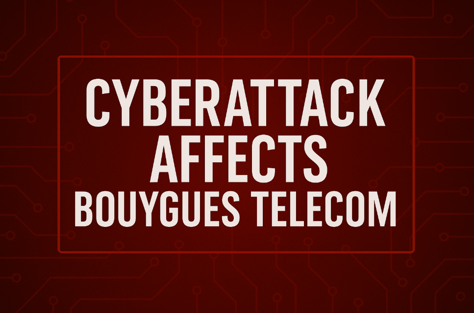 Red digital background with bold white text reading “Cyberattack Affects Bouygues Telecom,” symbolizing the large-scale data breach.