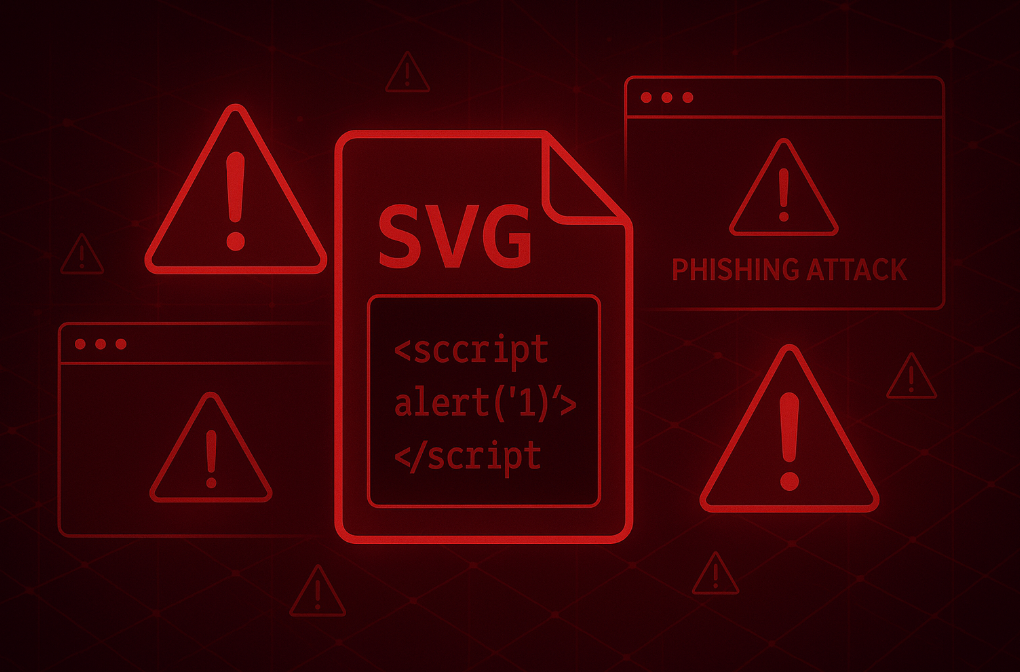 Cybersecurity illustration showing SVG file with embedded JavaScript code, warning icons, and phishing attack alerts in a dark red theme