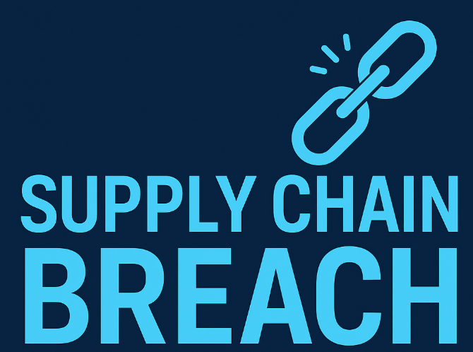 Graphic with "SUPPLY CHAIN BREACH" text and broken chain icon on dark blue background, representing cybersecurity breach.