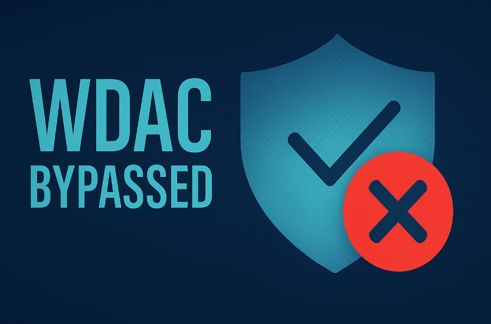 Image showing the text "WDAC BYPASSED" next to a security shield with a checkmark and a red "X" icon, symbolizing a policy-based EDR bypass.