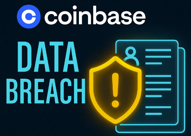 Image showing the Coinbase logo with the words "DATA BREACH" beside a glowing yellow shield icon and stylized personal data document, on a dark blue background.