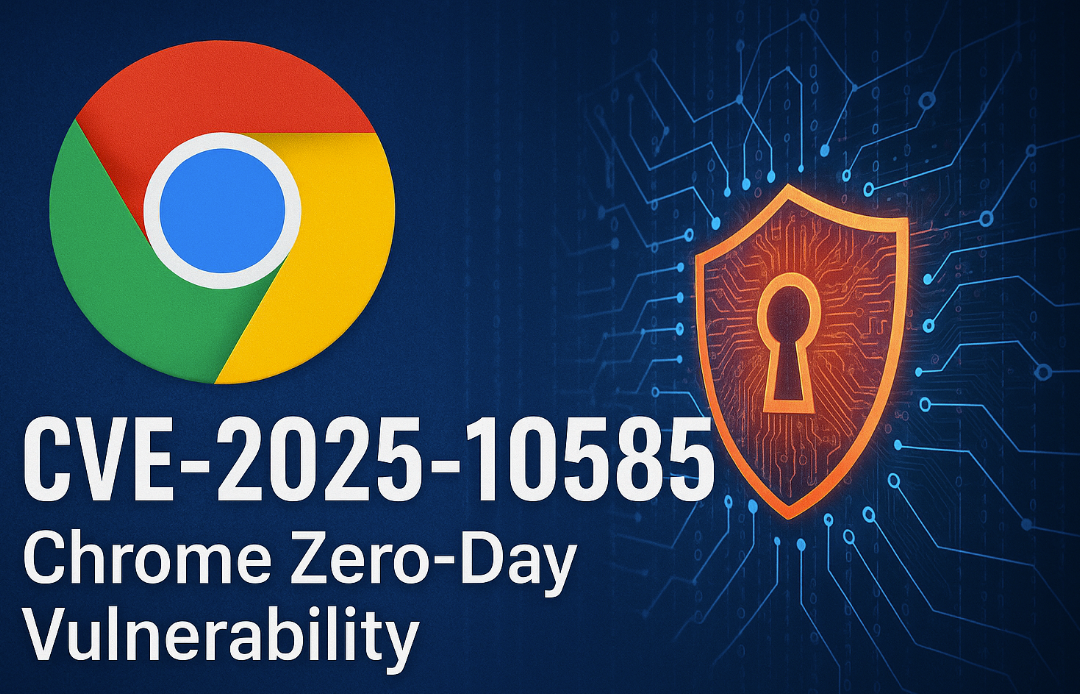Chrome logo next to a digital shield symbolizing a security breach, with text highlighting CVE-2025-10585 Chrome zero-day vulnerability.