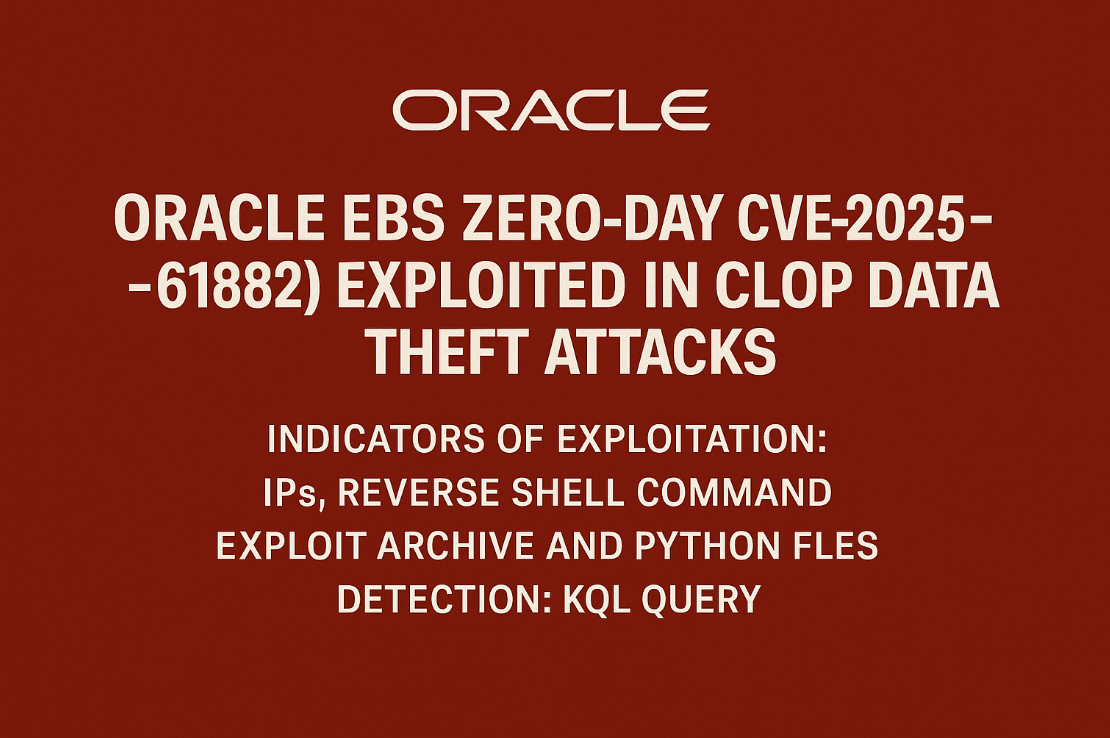 Oracle EBS zero-day CVE-2025-61882 exploited in Clop ransomware data theft attacks, shown in a dark red cybersecurity warning graphic.