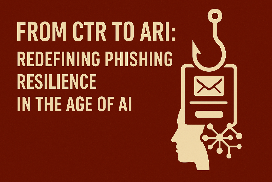 Futuristic dark red image showing human and AI collaboration detecting phishing attacks with digital shields and code streams, representing the Automated Resilience Index (ARI) concept.