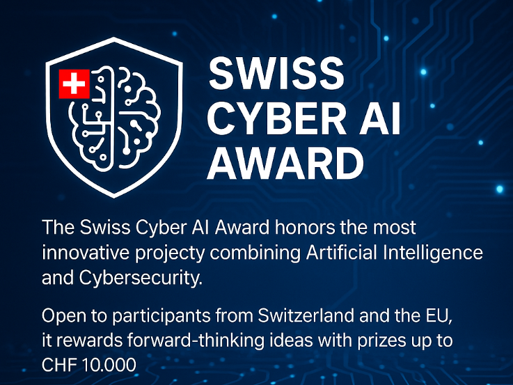 Logo of the Swiss Cyber AI Award with a digital shield and AI brain symbol, highlighting innovation in Artificial Intelligence and Cybersecurity with prizes up to CHF 10,000.