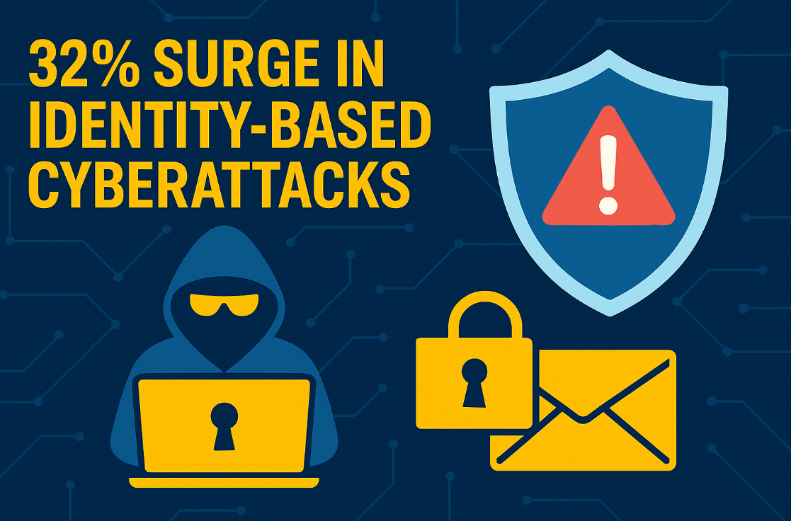 Conceptual cybersecurity illustration showing 32% surge in identity-based attacks, hacker silhouette with laptop, shield icon, and padlocks representing digital protection.