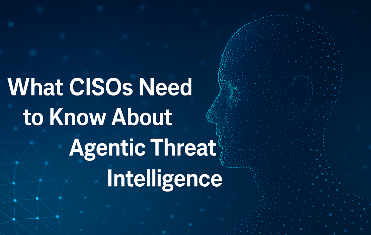 Cybersecurity-themed image with the correctly spelled title “What CISOs Need to Know About Agentic Threat Intelligence,” showing a digital human profile on a blue neural network background.