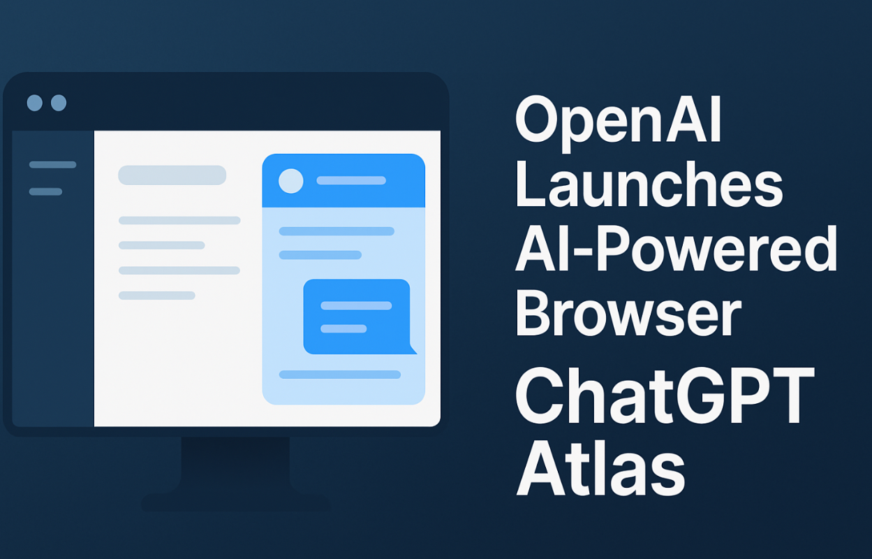 Illustration of OpenAI’s ChatGPT Atlas AI-powered browser with chat interface, glowing blue UI, and modern minimalist design on a dark background.