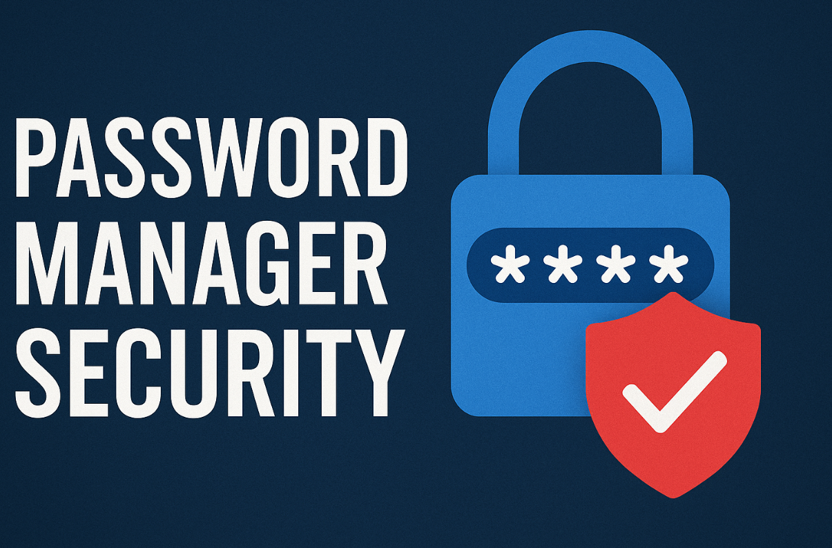 Illustration of password manager security with padlock and shield icon.