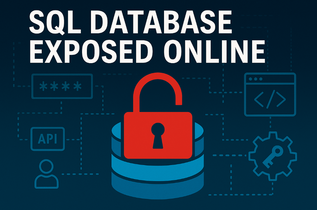 SQL database exposed online with red padlock and cybersecurity icons