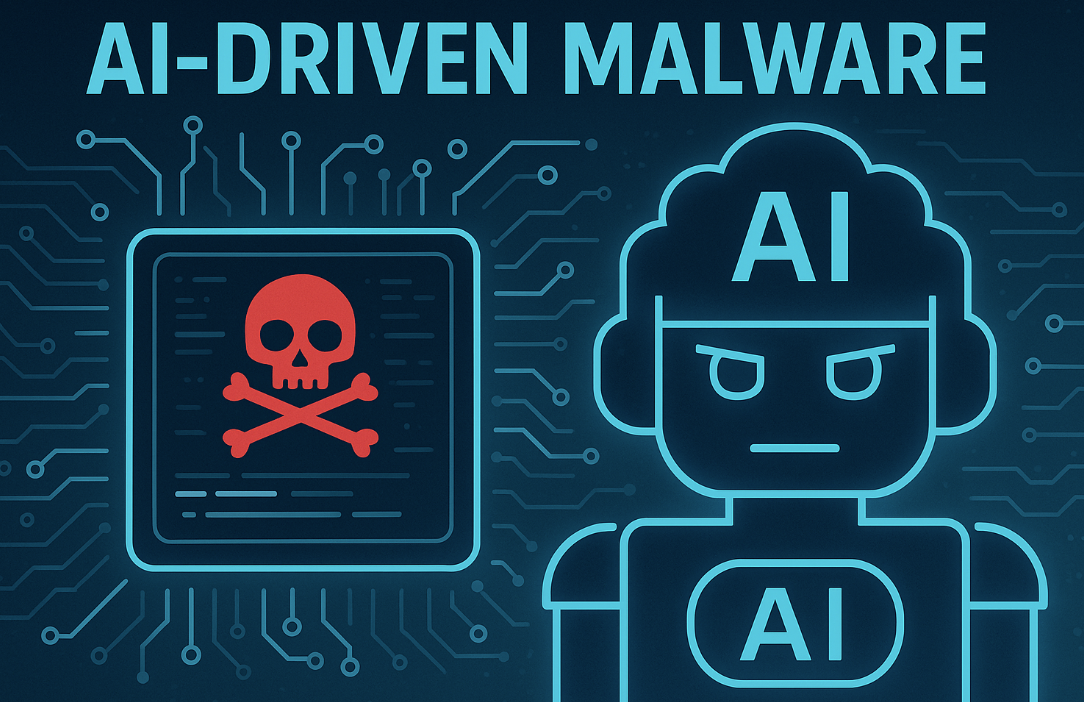 AI-driven malware illustration showing a robotic figure and a malicious code symbol representing self-evolving cyber threats