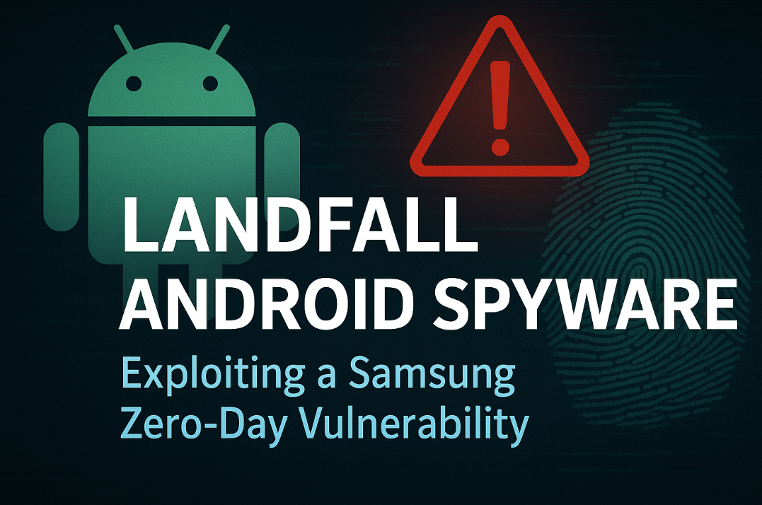 Digital graphic highlighting LANDFALL Android spyware exploiting a Samsung zero-day vulnerability with Android logo, warning icon, and fingerprint.