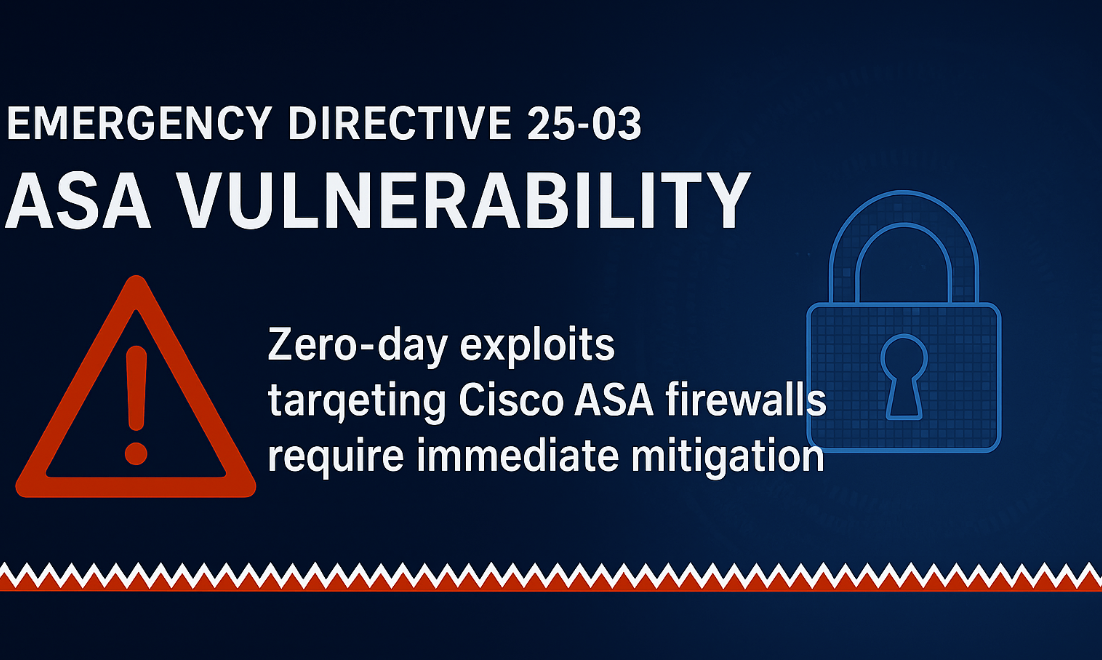 Centered cybersecurity alert image about ASA firewall vulnerability and urgent zero-day exploit mitigation.