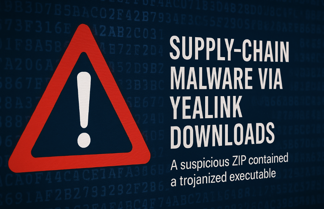 Warning symbol over cybersecurity background illustrating a supply-chain malware incident involving a malicious trojanized executable hidden in a Yealink support ZIP download.