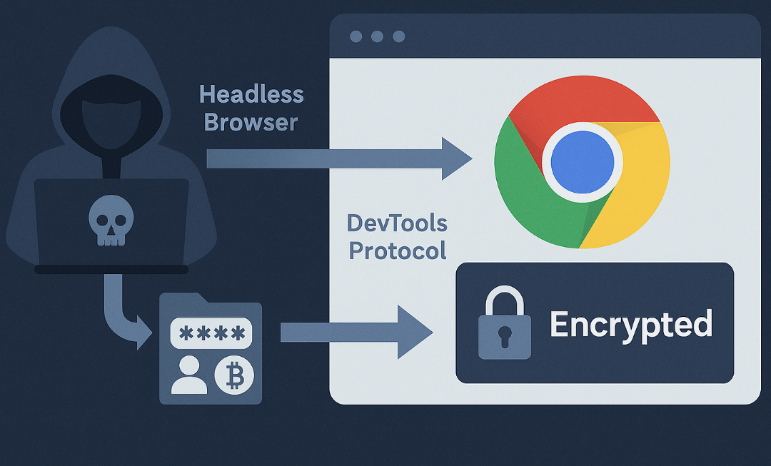 Illustration of a hacker using a headless Chrome browser and DevTools Protocol to bypass App-Bound Encryption and steal decrypted cookies in a cybersecurity attack.