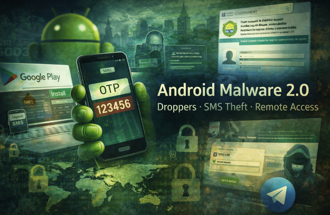Android malware illustration showing SMS OTP interception, fake app installation, and mobile remote access threats targeting digital identity