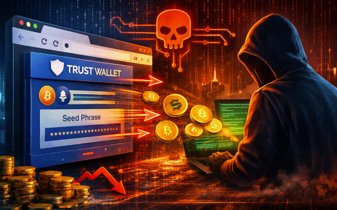 Illustration of Trust Wallet Chrome extension compromised by malicious JavaScript, showing seed phrase theft, crypto wallet drain, and browser extension supply-chain attack.