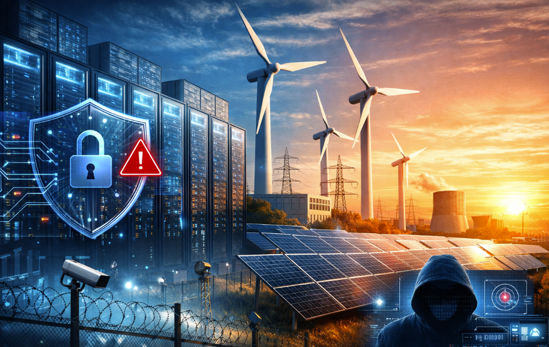 AI data center powered by co-located renewable energy with cybersecurity shield, illustrating power-first infrastructure, clean energy integration, and cyber-physical security risks.