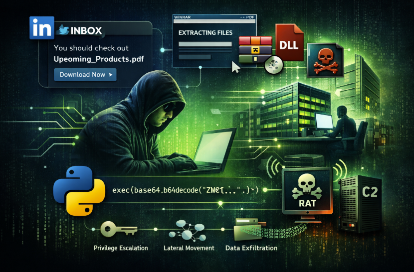 LinkedIn spearphishing attack using WinRAR SFX, DLL sideloading and portable Python to deploy a RAT via C2 infrastructure