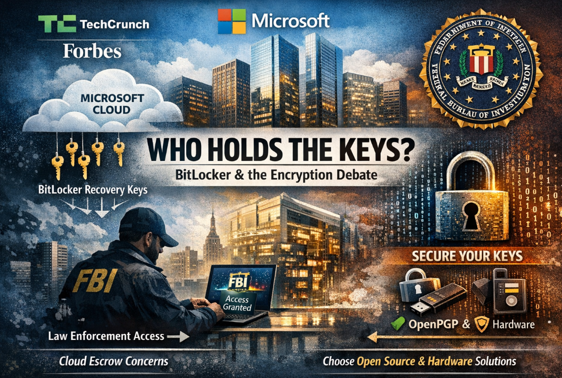Infographic showing Microsoft BitLocker recovery keys stored in the cloud, FBI law enforcement access, and the contrast with OpenPGP and customer-managed encryption keys