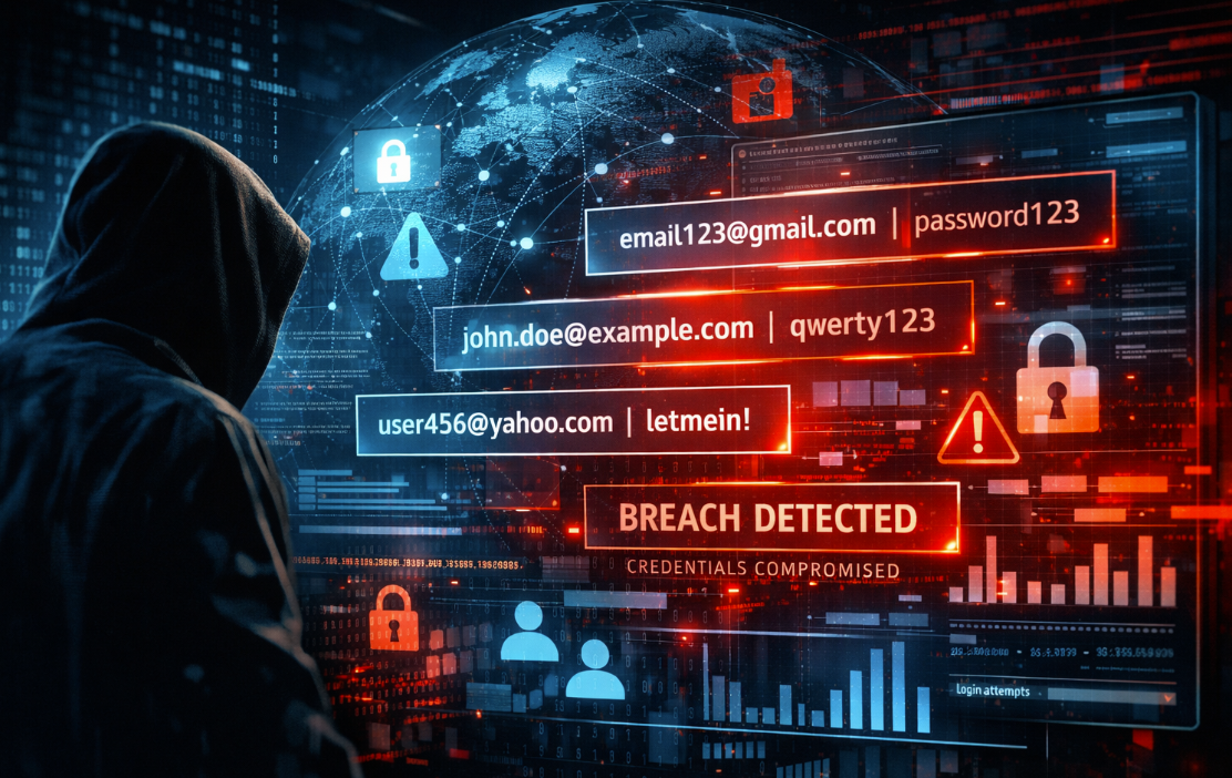 Visualization of a large-scale credential leak showing exposed email addresses and passwords, illustrating infostealer malware, credential reuse, and identity security risks faced by enterprises and CISOs.