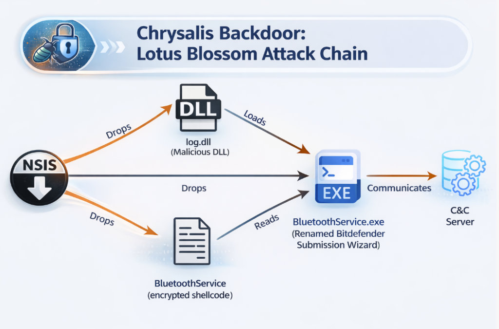 Chrysalis backdoor attack chain diagram showing Lotus Blossom APT intrusion flow with NSIS installer abuse, DLL sideloading via log.dll, execution through BluetoothService.exe, and encrypted HTTPS command-and-control communication.
