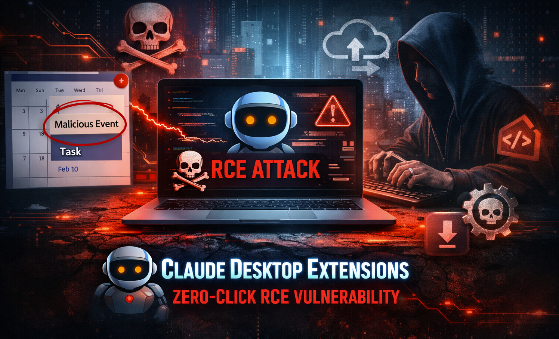 Zero-click remote code execution vulnerability in Claude Desktop Extensions, featuring a malicious Google Calendar event and AI model exploit