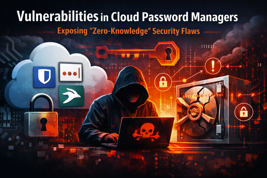 Cybersecurity illustration showing hacker exploiting vulnerabilities in cloud password managers and breaking encrypted password vault