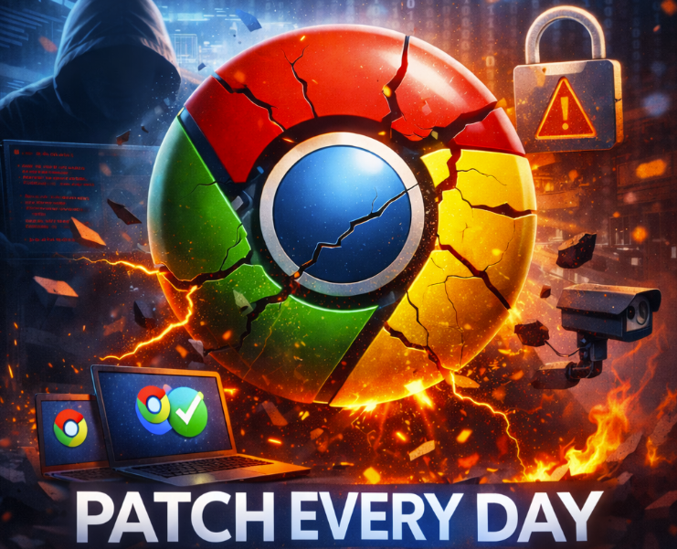 Cracked Google Chrome logo with glowing security effects and the words “Patch Every Day,” symbolizing urgent patch management against exploited zero-day vulnerabilities.
