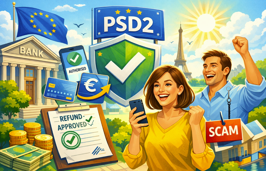 PSD2 EU payment directive illustration showing bank security shield, refund approval after phishing fraud, European Union flag and digital banking protection concept.