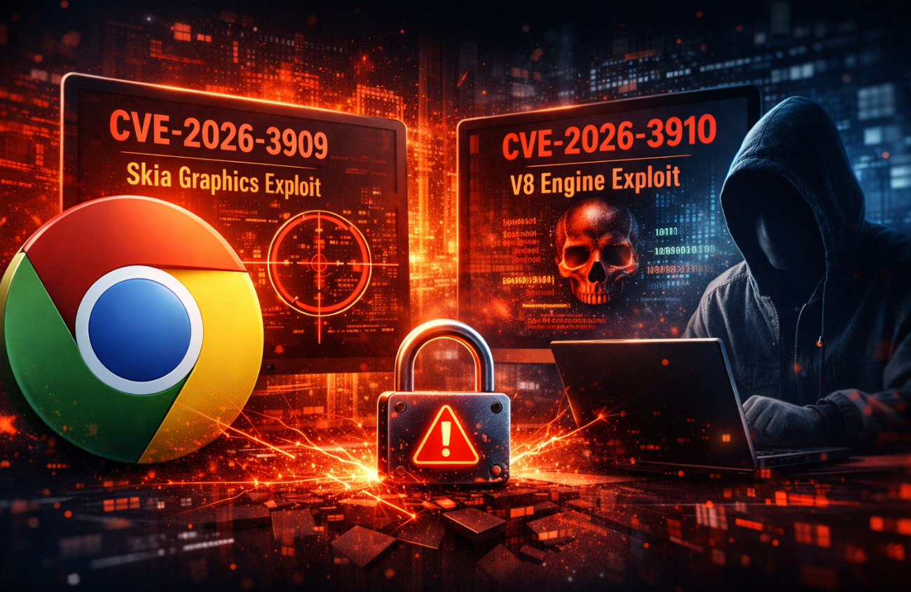 Illustration of Google Chrome zero-day vulnerabilities CVE-2026-3909 and CVE-2026-3910 showing Skia graphics exploit and V8 engine attack used in active browser exploitation campaigns.